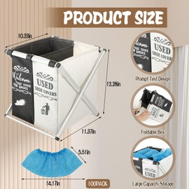 Foldable Shoe Cover Box Dispenser with 100PCS Shoe Covers, Shoe Covers Box with Double Compartment Fabric Storage Bin Holder for Indoors Open House Supplies, House Indoor Guest Supplies