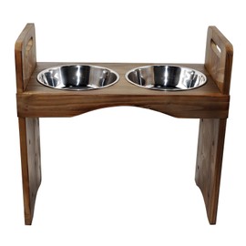 Spirtro Elevated Dog Bowls Station- Adjustable to 3 Heights, 3”, 8”, 12”, Raised Pet Stand Feeder, Double Stainless Steel Food and Water Dishes for Small to Middle Dogs and Cats, Rustic Wood- Gray