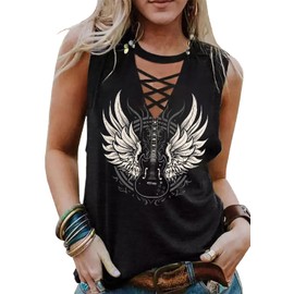 Guitar Wings Tank Tops for Women Retro Country Music Shirt Rock Guitar Graphic Tees Casual V Neck Sleeveless Vest Cami (L, Black1)