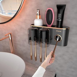 Toothbrush Holders Bathroom Accessories with Tootaste Dispenser, 2 Cups Toothbrush Holder Wall Mounted Bathroom Decor - Colour: Black 4 Cups