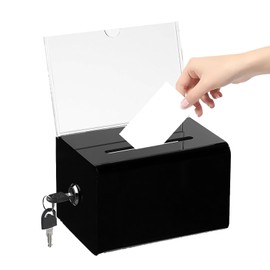 Acrylic Donation Box, Lockable, Ballot Box, Transparent with Key Lock with Sticker, for Business Cards, Votes, Sweepstakes, Black