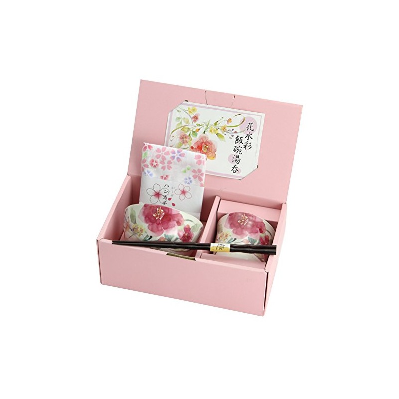 Flower Watercolor Rice Bowl with Tea Bowl (handkerchief)