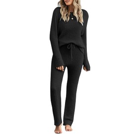 luvamia Women's Casual Solid Color Pajama Sets Long Sleeve Tops And Pants Long Pj Sets Joggers Loungewear Sleepwear Nightwear Womens Pajamas Set Black Sets Women 2 Piece Outfits Black Small