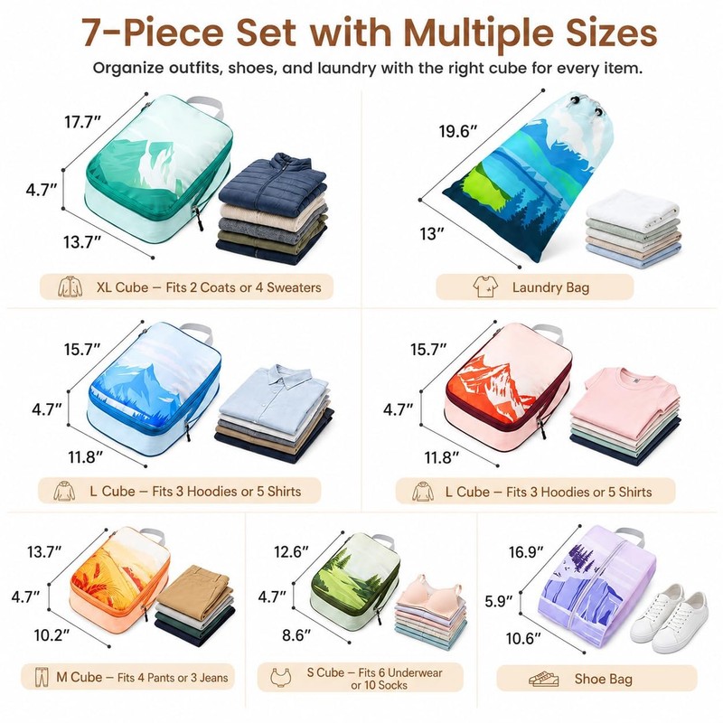 7-Piece Compression Packing Cubes for Travel, Patterned Expandable Luggage Organizer