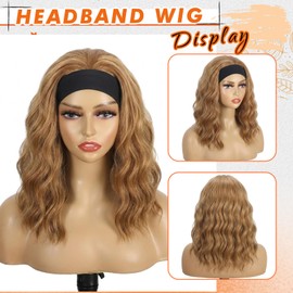 Glueless Wavy Headband Wigs 14inch Synthetic Honey Blonde Brown Mix