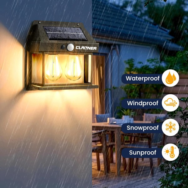CLAONER LED Solar Power Wall Light 2 Bulbs PIR Motion