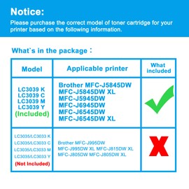 LCL Compatible for LC3037 LC3039 XXL LC3037XXL LC3039XXL LC3039BK LC3039C LC3039M LC3039Y (4-Pack, Black Cyan Magenta Yellow) Pigment Ink Cartridge for Brother MFC-J5845DW MFC-J5845DW XL MFC-J5945DW