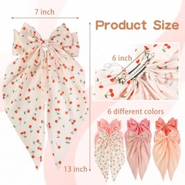 6 PCS Hair Bows for Women, Big Bow Hair Clips for Girls, Silky Satin Hair Bows Clips Oversized Long Tail, Large Cute Aesthetic Hair Accessories, Metal Bow Hair Clips Holiday Gifts Cherry