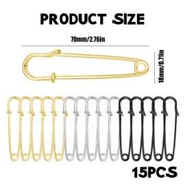 Pack of 15 Safety Pins, Large, Large Safety Pins, One Kilt Stitch Marker, Kilt Pin Set, Gold, Black, Silver, Metal Lapel Pins, for Canvas Pin, Tow Pin, Wedding Dress Brooch