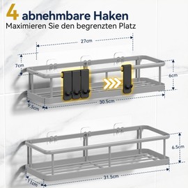 YASONIC Shower Shelf No Drilling Bathroom Organiser, Shower Shelf No Drilling Shower Holder No Drilling Shampoo Holder for Shower, Bathroom Shelf No Drilling with 4 Removable Hooks, Grey