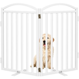 Malier Metal Freestanding Dog Gates with Door, 32'' Height Outdoor Indoor Dog Fences, Extra Wide Foldable Puppy Gate for Stairs (White, 【2 Panels】 40''W × 32''H)
