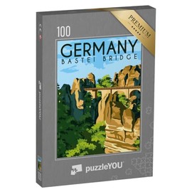 puzzleYOU: Puzzle 100 Teile „Basteibrücke in der Sächsischen Schweiz - Vintage Illustration“