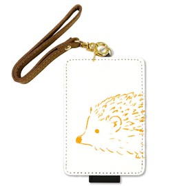 Granthunk Women's Pass Case, Commuter Pass Case, Fall Prevention, Strap & Button, Animal Sketch Hedgehog (Large), IC Card Case, For Work or School Commutes, white