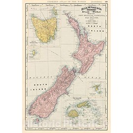 Historic Map - 1892 Map of New Zealand, Tasmania and The Figi Islands - Vintage Wall Art - 24in x 36in