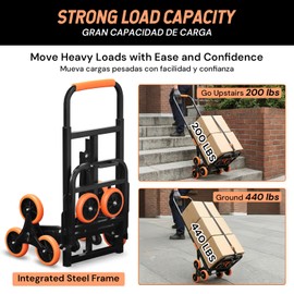 SEKAM Stair Climbing Cart, 440 LBS Capacity Folding Hand Truck Dolly with 10 Wheels, Heavy-Duty Stair Climber Cart with Telescoping Handle for Moving, Shopping, Warehouse, and Travel (Orange)