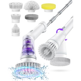 NBONEBS Electric Spin Scrubber, Cordless Shower Scrubber Rotary Floor Brushes & Pad Drivers with 6 Brush Heads - 2H Dual Speed, IPX7 Waterproof Extension Handle for Bathroom Tile Car Cleaning (White)