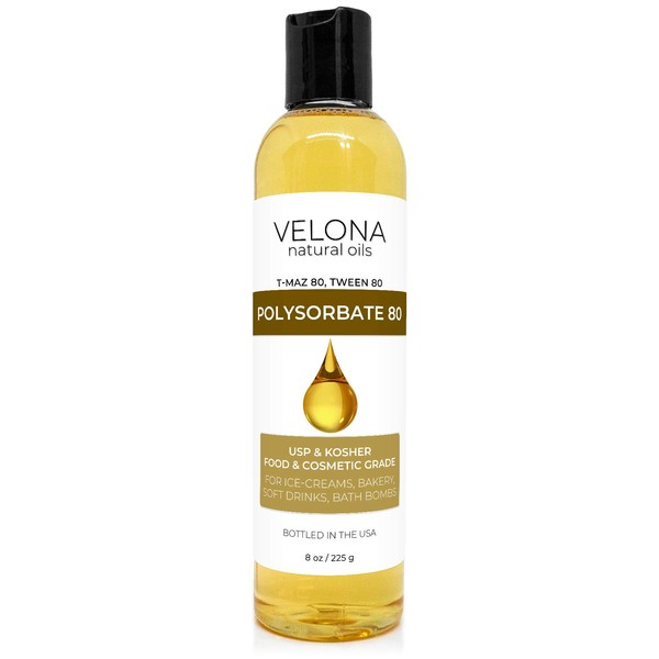 Polysorbate 80 by Velona 8 oz | Solubilizer, Food & Cosmetic Grade | All Natural for Cooking, Skin Care and Bath Bombs, Sprays, Foam Maker | Use Today - Enjoy Results