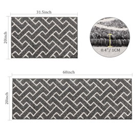 hicorfe Kitchen Rugs and Mats Sets,2 Pieces Super Absorbent Polypropylene Non-Slip Rug,Soft Comfort Floor Mat,Machine Washable Kitchen,Hallway,Office,Sink,Laundry（20" x 31.5" Plus 20" x 59",Grey）