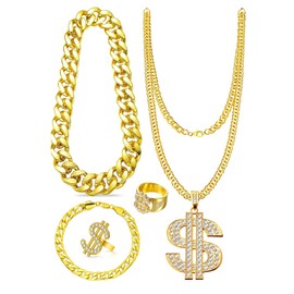 EIELO 80s 90s Hip Hop Costume Outfit Jewelry Set Golden Plated Dollar Sign Necklace Dollar Sign Rings Big Chunky Chain Necklace Bracelet Rapper Accessories Set