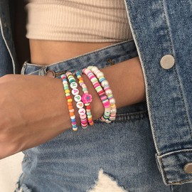 ZZ ZINFANDEL 5Pcs Surfer Beaded Stackable Bracelets for Women Stretch Bracelets,Y2K Stretch Bracelet Bohemian Layering Bracelet Friendship Bracelet (5Pcs Multicolor)