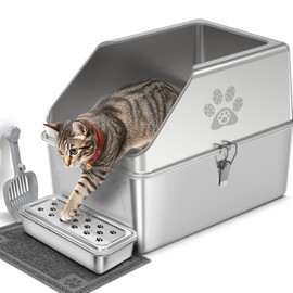 KPWACD Enclosed Stainless Steel Cat Litter Box with Lid, XL Extra Large Non-Stick Metal Litter Pan for Big Cats, High-Sided Kitten Toilet Enclosure, Non-Stick, Anti-Leakage, Easy Cleaning