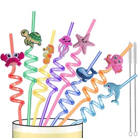 24 PCS Reusable Sea Animal Straws Party Favors, Plastic Ocean Creature Silly Swirly Drinking Straws for Kids Party Decorations Beach Ocean Themed Party Supplies with Clean Brushes