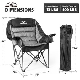 Tisetrail Oversized Padded Camping Chair Extra Large Camp Chairs for Adults with Side Pocket and Cup Holder, Heavy-Duty 500lbs Capacity, Black & Gray