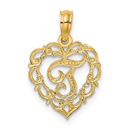 Solid 14k Yellow Gold T Script Initial Letter In Heart Alphabet Charm Pendant - 14mm x 13mm