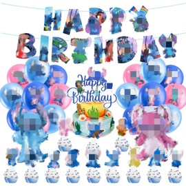 46PCS Birthday Party Decoration, Blue Celebration for Boys and Girls, Includes 1*Banner, 18*Balloons, 25*Cake Decorations, 2*Foil Balloons, Suitable for Theme Party, Children's Birthday