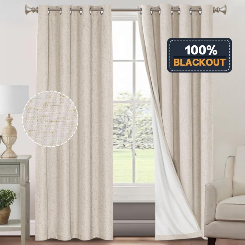 PrinceDeco Natural Linen Curtains 100% Blackout Linen Curtains for Bedroom