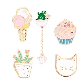 Beyond Metal Brooch Pin Badge Pins Set of 5 Cactus Cat Ice Cream Cupcake, Metal