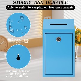 WAYASDCU Metal Donation Box with Lock Ballot Box Drop Box with Lock Suggestion Box with Slot and Lock Metal Lock Box Comment Box Voting Box Key Drop Box for Home Office(Blue,10.24 x 5.71 x 2.95 Inch)