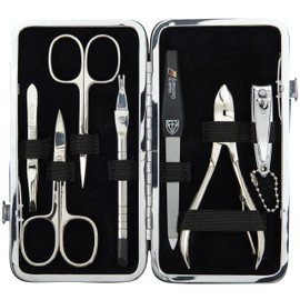 DREI SCHWERTER - Germany Manicure Set 'Rovigo' | High Quality Manicure Set in Black Faux Leather Case | Contents: Nail Scissors, Cuticle Scissors, Nail Clippers, Tweezers, Sapphire Nail File and Much