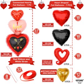 KatchOn, Valentines Day Balloons - Large, Pack of 12 | I Love You Balloons, 37 Inch, Valentine Decorations | Heart Shaped Balloons, Valentines Day Decor | Red Hook Heart Balloons, Valentine Balloons