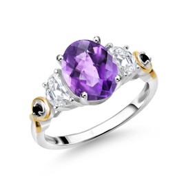 Gem Stone King 925 Silver and 10K Yellow Gold 3-Stone Ring Oval Checkerboard Purple Amethyst and Moissanite (2.01 Cttw) (Size 7)