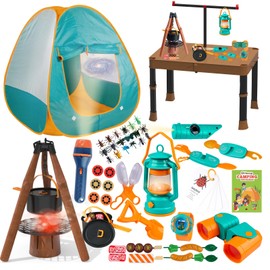 Qtioucp Kids Camping Set 50pcs with Folding Storage Table/Tent & Children’s Projector Flashlight- Outdoor Campfire Toy Set for Toddlers Kids - Pretend Play Camp Gear Tools for Birthday Christmas