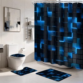Ufeela 4 PCS Black and Blue Bathroom Set with Shower Curtain and Rugs 72Wx72H Inch Modern 3D Cube Kids Cool for Boy Men Non-Slip Bath Rug Toilet Lid Cover U Shape Mat Accessories 12 Hooks Bathoom Deco