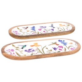 Ganz Decorative Charcuterie Serving or Organizational Trinket Tray 6.5 x 13.5 Inch Mango Wood Hummingbirds Set of 2