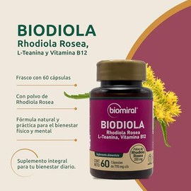 Biomiral Biodiola - Suplementos Alimenticios - Rhodiola Rosea, L-Teanina Y Vitamina B12-60 Cpsulas 770 mg cu - Polvo Rhodiola Rosea 200 mg - Libre de 