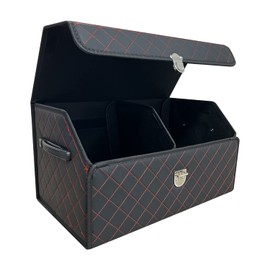 Wuatow Trunk Organizer for Car With Lid,Foldable Trunk Organizer for SUVs & Sedans,Multi-Functional Leather Storage Box- Black Red Grid - Small