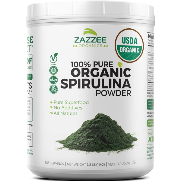 Zazzee USDA Certified Organic Spirulina Powder, 2.2 Pounds (1 KG), 303 Servings, 100% Pure, Non-Irradiated, Mess-Free Wide Mouth Container, Fresh Smell and Neutral Taste, Vegan, Non-GMO, Gluten-Free