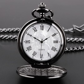 Tiong Black Smooth Pocket Watch Quartz Classic Simple Roman Number Birthdays Xmas Best Gifts