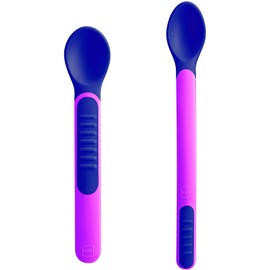 MAM Heat Sensitive Feeding Spoons and Cover, Two Sizes, Colour Change Baby Feeding Spoons, Part of the Baby Cutlery Range, Baby Weaning Essentials, Pink
