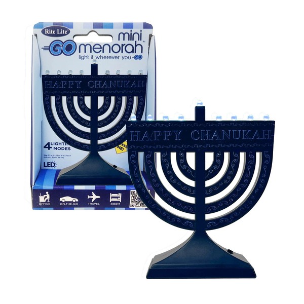 Rite Lite Go Mini Blue Electric Menorah - Light it Anywhere! Chanukah Menorah Jewish Holiday Party Favors Decorations Judaica Festival of Lights Modern Hanukkah Gifts Menorah Press Button to Turn On