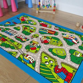 Kids / Baby Room / Daycare / Classroom / Playroom Area Rug Blue City Roads Map Train Tracks Cars Play Mat Fun Educational Non-Slip Gel Back. (3 Feet X 5 Feet)