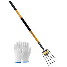 FORCOLID Pitch Fork-58 Inch，5-Tine Steel Garden Fork Heavy Duty, Mulch with Cushion Grip, Orange Fiberglass Handle