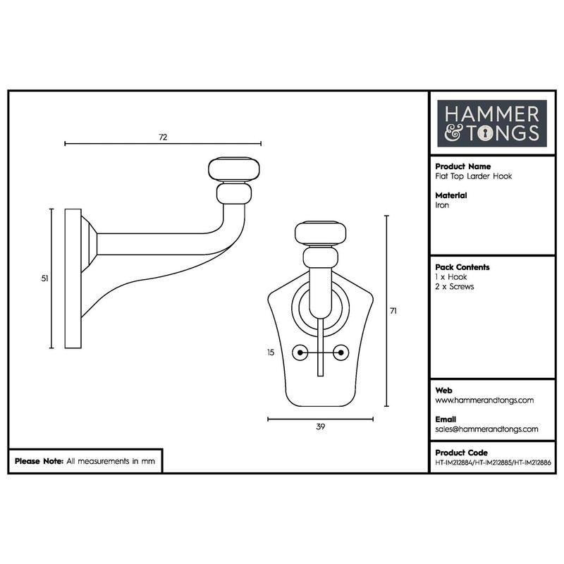Hammer and Tongs - Flat Top Larder Hook - W40mm