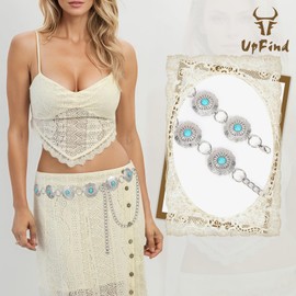 UpFind Women Western Metal Silver Chain Belt Concho Belt Cowgirl Waist Link for Jeans Dresses Concert Boho Outfits Plus Size