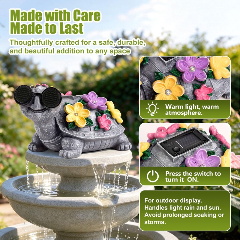 Solar Garden Outdoor Turtle Statue with Sunglasses and Flower LED