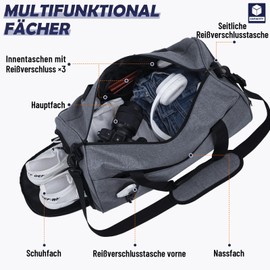 BECOJADDE Sports Bags for Men and Women, 35L Travel Duffel Bag, Overnight Bag with Shoe Compartment & Wet Compartment, Waterproof Carry On Bag for Sports, Gym, Swimming, gray, Travel handbag